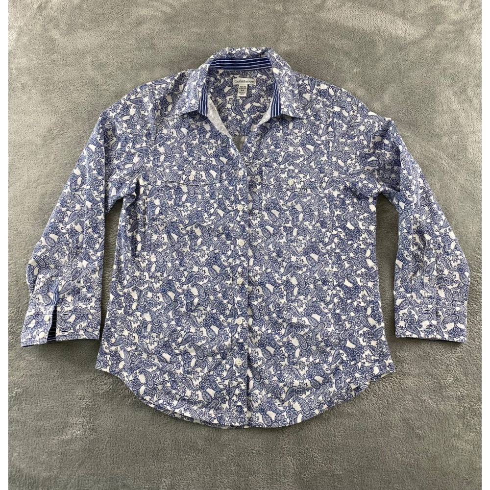 Croft & Barrow Womens Blue White Paisley Stretch Button Down Shirt Petite PS‎